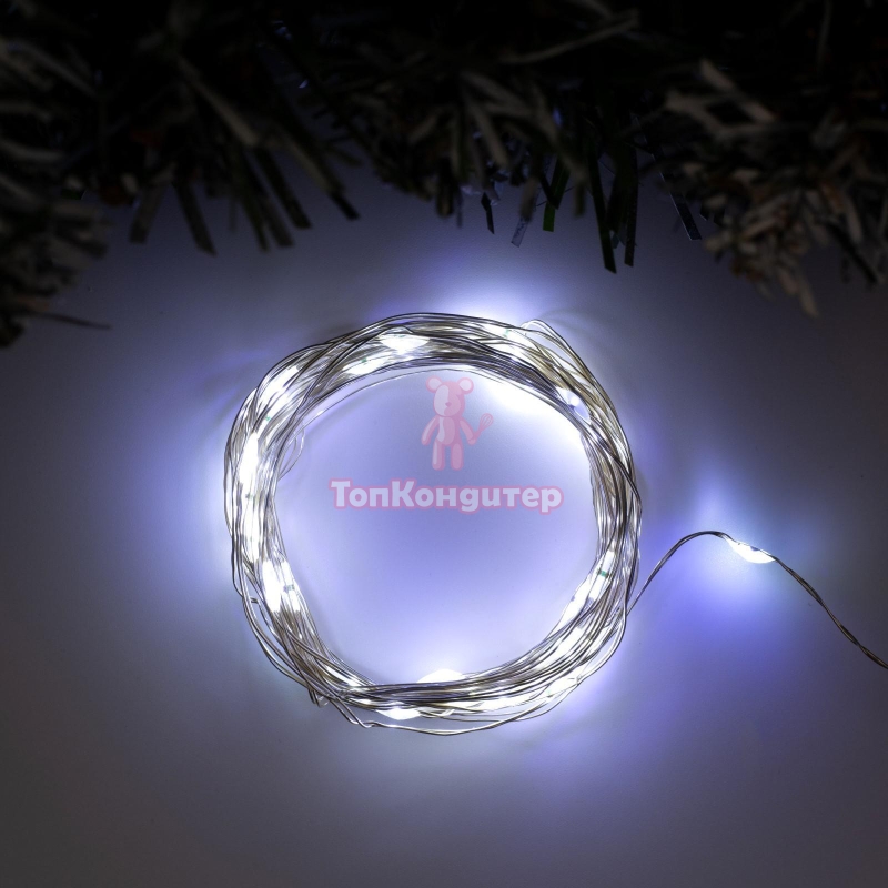 Гирлянда «Нить» 5 м роса, IP20, серебристая нить, 50 LED, свечение белое, 2 режима, AAх3