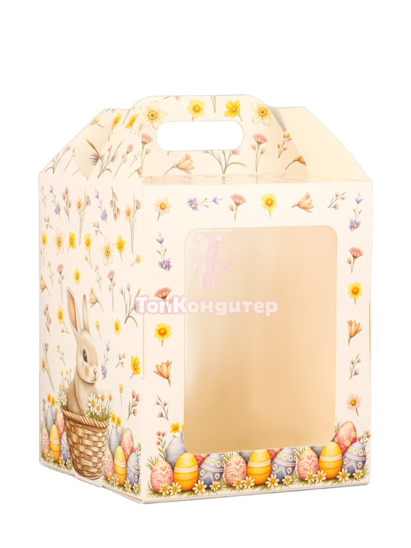 Коробка для кулича с окном "Кролик в корзинке" 15 см*15 см*18 см